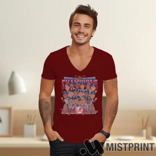 Male Model Wearing 1996 New York Yankees World Series Champions Gift For Fans Men's Maroon V-neck in a gray office environment. Features a classic V-neck cut.