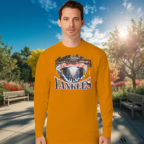 1999s New York Yankees World Series Champions Logo Men’s Orange Long Sleeve – Male Model in White Office Male Model Wearing 1999s New York Yankees World Series Champions Logo Men's Orange Long Sleeve in a minimalist white office background. Styled with a casual long sleeve top.