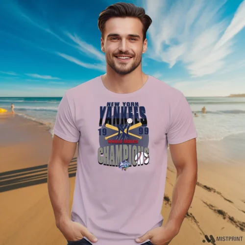 1999s New York Yankees World Series Champions Men’s Light Pink T Shirt – Male Model in White Office Male Model Wearing 1999s New York Yankees World Series Champions Men's Light Pink T Shirt in a white office environment. Features a classic crew neck tee.