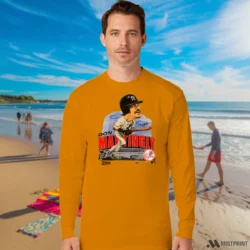 90s New York Yankees Don Mattingly Caricature Shirt 7 Male Model Wearing 90s New York Yankees Don Mattingly Caricature Men's Orange Long Sleeve in a minimalist white office background. Styled with a casual long sleeve top.