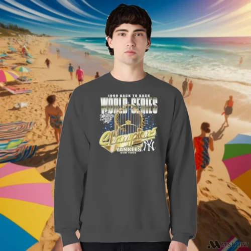 99a New York Yankees World Series Champions Men’s Charcoal Sweatshirt – Male Model in White Office Male Model Wearing 99a New York Yankees World Series Champions Men's Charcoal Sweatshirt in a white office environment. Styled with a relaxed fit sweatshirt.
