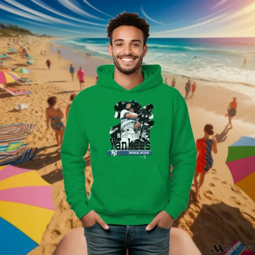 Derek Jeter 1999s New York Yankees Men’s Irish Green Hoodie – Male Model in Gray Office Male Model Wearing Derek Jeter 1999s New York Yankees Men's Irish Green Hoodie in a gray office environment. Features a cozy pullover hoodie.