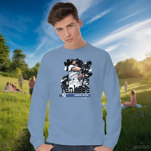 Derek Jeter 1999s New York Yankees Men’s Light Blue Sweatshirt – Male Model in White Office Male Model Wearing Derek Jeter 1999s New York Yankees Men's Light Blue Sweatshirt in a white office environment. Styled with a relaxed fit sweatshirt.