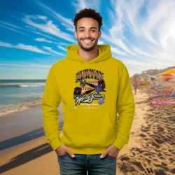 New York Mets Vs New York Yankees Subway Series Shirt 4 Male Model Wearing New York Mets Vs New York Yankees Subway Series Men's Yellow Hoodie in a white office environment. Features a cozy pullover hoodie.
