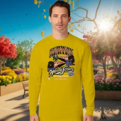 New York Mets Vs New York Yankees Subway Series Shirt 9 Male Model Wearing New York Mets Vs New York Yankees Subway Series Men's Yellow Long Sleeve in a minimalist white office background. Styled with a casual long sleeve top.