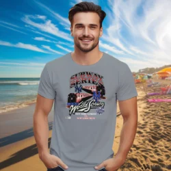 Male Model Wearing New York Mets Vs New York Yankees Subway Series Men's Sport Grey T Shirt in a white office environment. Features a classic crew neck tee.