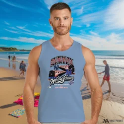 New York Mets Vs New York Yankees Subway Series Shirt 3 Male Model Wearing New York Mets Vs New York Yankees Subway Series Men's Light Blue Tank Top in a modern office space. Showcasing a sleeveless athletic tank.