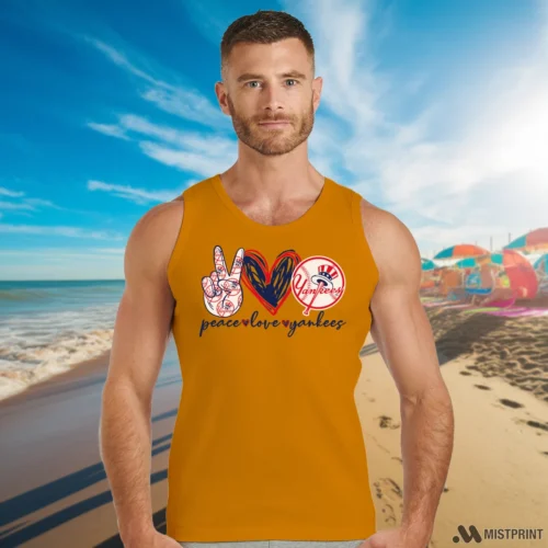 Peace Love New York Yankees Men’s Orange Tank Top – Male Model in White Office Male Model Wearing Peace Love New York Yankees Men's Orange Tank Top in a modern office space. Showcasing a sleeveless athletic tank.
