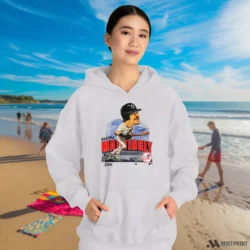 90s New York Yankees Don Mattingly Caricature Shirt 6 Female Model Wearing 90s New York Yankees Don Mattingly Caricature Women's White Hoodie in a white office environment. Features a cozy pullover hoodie.