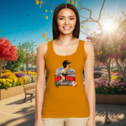 90s New York Yankees Don Mattingly Caricature Shirt 2 Female Model Wearing 90s New York Yankees Don Mattingly Caricature Women's Orange Tank Top in a modern office space. Showcasing a sleeveless athletic tank.