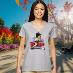 90s New York Yankees Don Mattingly Caricature Shirt 5 Female Model Wearing 90s New York Yankees Don Mattingly Caricature Women's White V-neck in a white office environment. Features a classic V-neck cut.