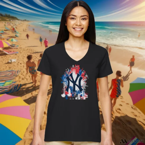London Series Splatter New York Yankees Women’s Black V-neck – Female Model in Gray Office Female Model Wearing London Series Splatter New York Yankees Women's Black V-neck in a gray office environment. Features a classic V-neck cut.