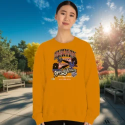 New York Mets Vs New York Yankees Subway Series Shirt 10 Female Model Wearing New York Mets Vs New York Yankees Subway Series Women's Orange Sweatshirt in a white office environment. Styled with a relaxed fit sweatshirt.