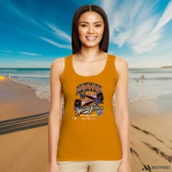New York Mets Vs New York Yankees Subway Series Shirt 7 Female Model Wearing New York Mets Vs New York Yankees Subway Series Women's Orange Tank Top in a modern office space. Showcasing a sleeveless athletic tank.