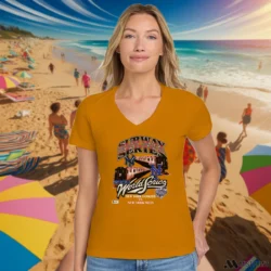 New York Mets Vs New York Yankees Subway Series Shirt 5 Female Model Wearing New York Mets Vs New York Yankees Subway Series Women's Orange V-neck in a white office environment. Features a classic V-neck cut.