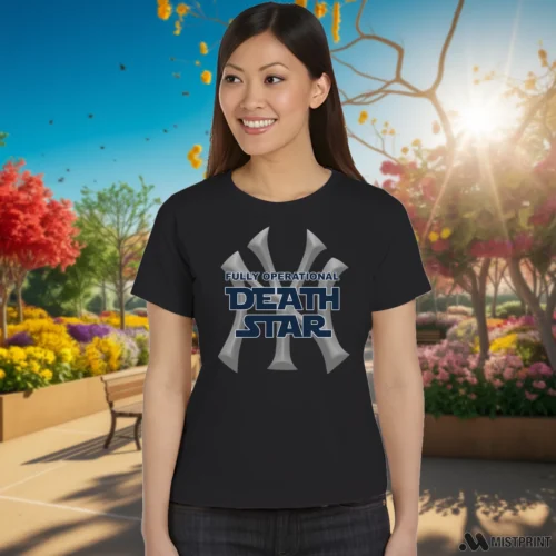 New York Yankees Fully Operational Death Star Women’s Black T Shirt – Female Model in Gray Office Female Model Wearing New York Yankees Fully Operational Death Star Women's Black T Shirt in a gray office environment. Features a classic crew neck tee.