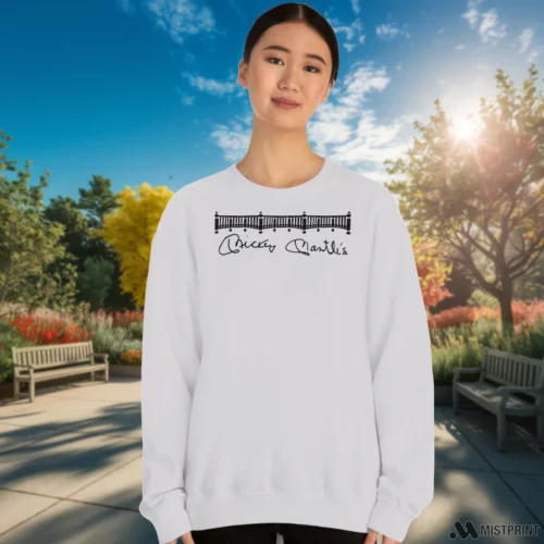 New York Yankees Mickey Mantle Women’s White Sweatshirt – Female Model in White Office Female Model Wearing New York Yankees Mickey Mantle Women's White Sweatshirt in a white office environment. Styled with a relaxed fit sweatshirt.